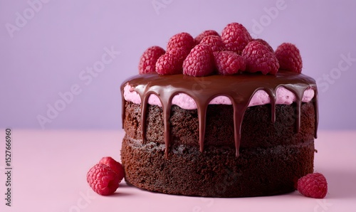 a chocolate cake with a dripping dark pink filling and raspberries on top, Generative AI photo