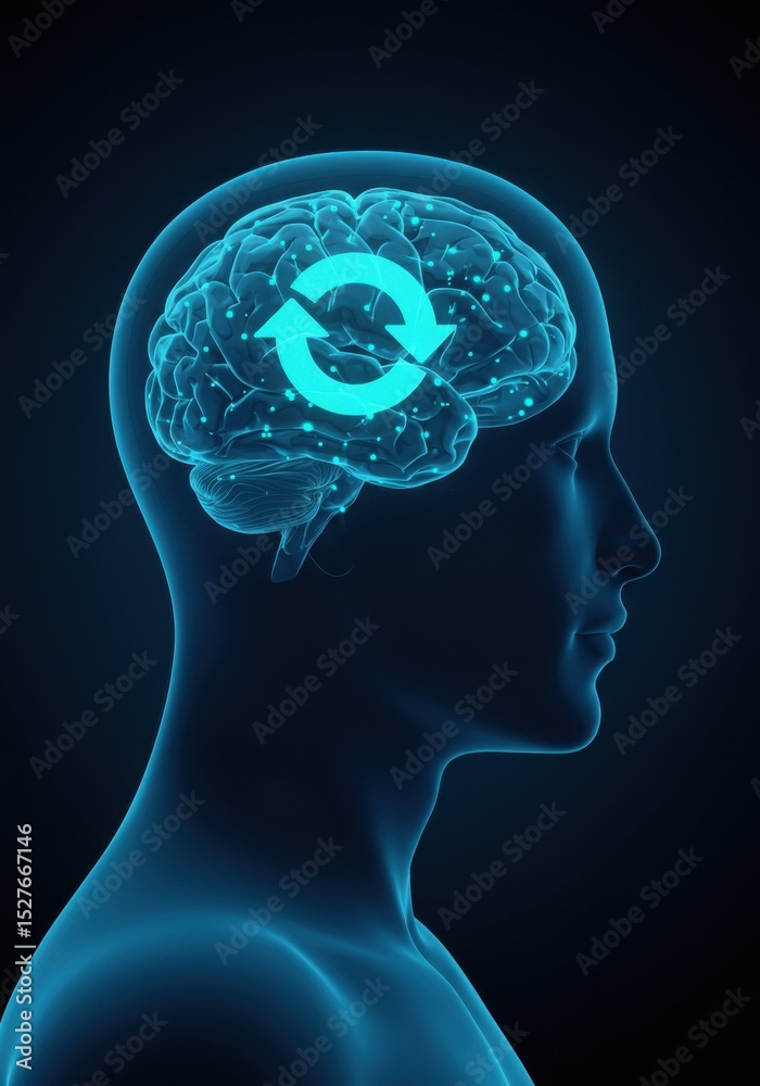 Obraz premium Futuristic human head silhouette with glowing brain and cycle symbol 