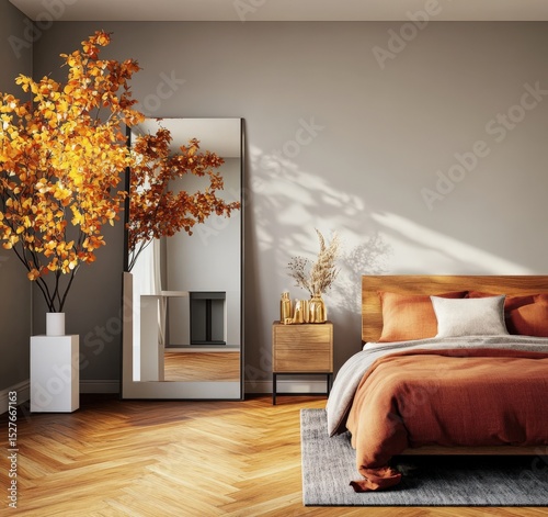 Modern Autumnal Bedroom Interior with Burnt Orange Bedding and Full Length Mirror