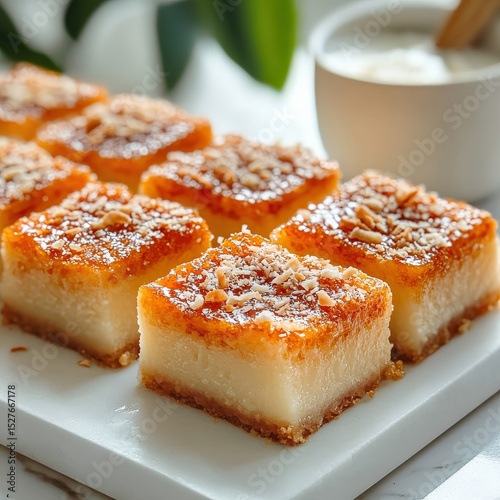 Close up view of several golden brown squares of coconut cake on a white surface, garnished with toasted coconut flakes. A small bowl of creamy white sauce is in the background.