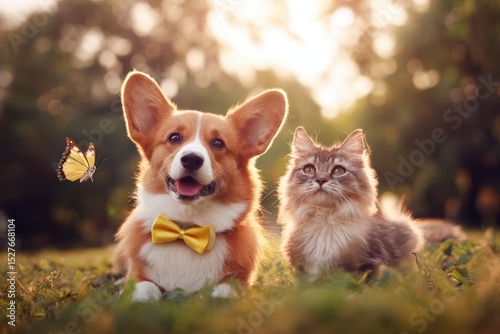 Corgi Dog and Fluffy Cat in Sunset Meadow, Joyful Outdoor Interaction with Yellow Bowtie and Butterfly.