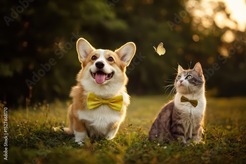 Corgi dog with yellow bowtie and cat sitting on grass, watching butterfly in sunny garden. Pet friendship and outdoor companionship.