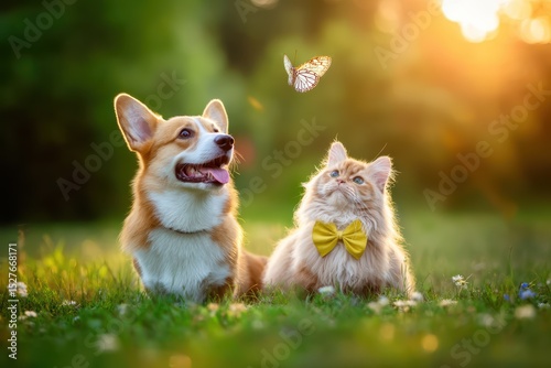 Corgi Dog and Fluffy Cat Interacting on Green Grass, Sunny Outdoor Scene with Dappled Light.