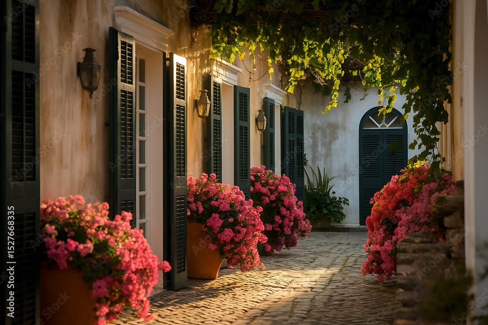Naklejka premium A Sun-Drenched Mediterranean Courtyard with Blooming Flowers