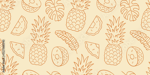 Seamless doodle line pattern with pineapples, slices, and tropical leaves. Summer design