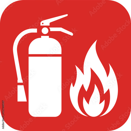Fire Extinguisher and Flames Icon in White on Red Rounded Square for Safety Emergency and Prevention Signage and Designs