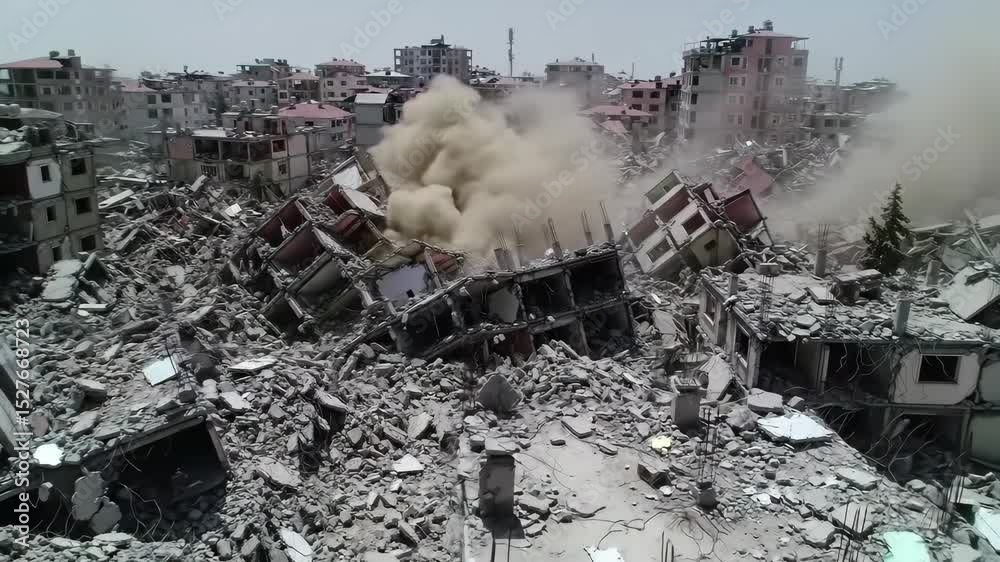 Urban building collapse captured in dramatic aerial sequence with rising dust clouds