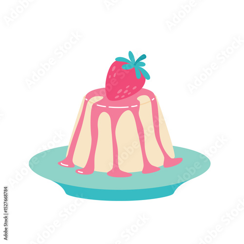 Vanilla panna cotta with strawberry topping and berry. Flat style sweet dessert vector illustration