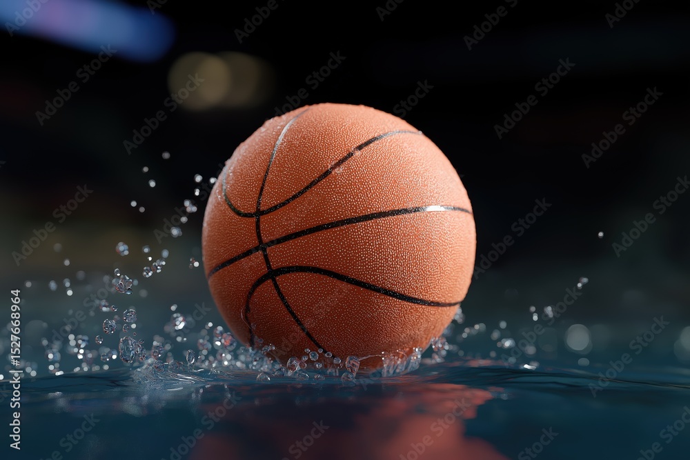 Fototapeta premium Basketball splashing on wet surface with water droplets