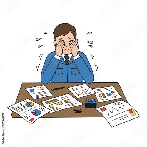 A distressed worker sits at a desk surrounded by scattered documents