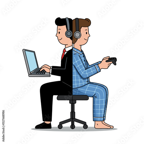 A split image a businessman with a laptop and a gamer with a controller sit backtoback on a chair
