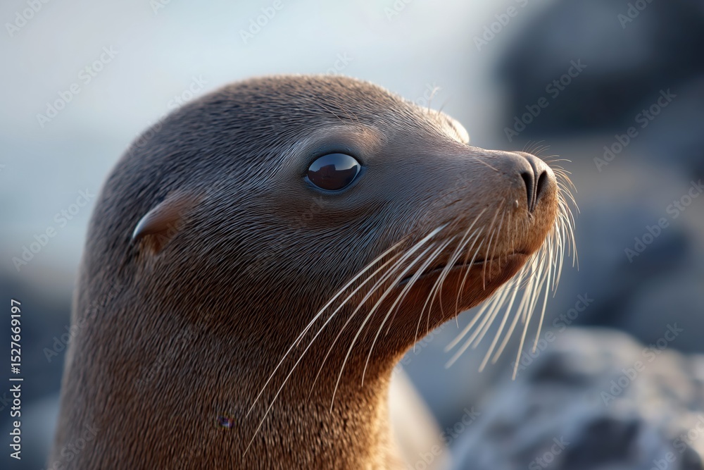 Obraz premium Close-up of a young seal with whiskers at the rocky shore
