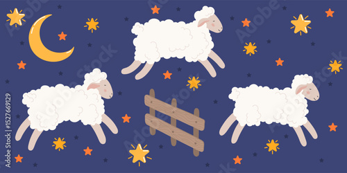 Three cute sheeps jumping over a fence at night. Night starry sky.