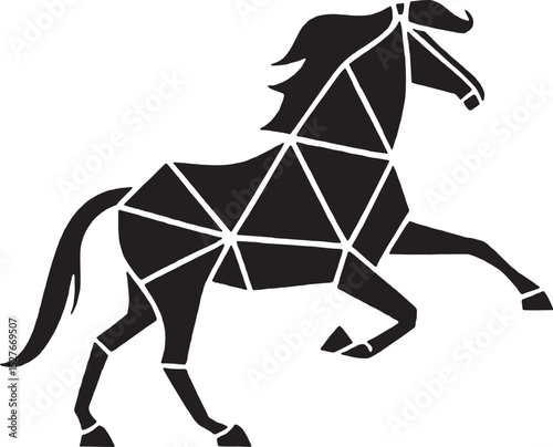 A stylized geometric horse silhouette in motion, crafted with crisp polygon segments. Ideal for dynamic prints, branding, and equine-themed projects.