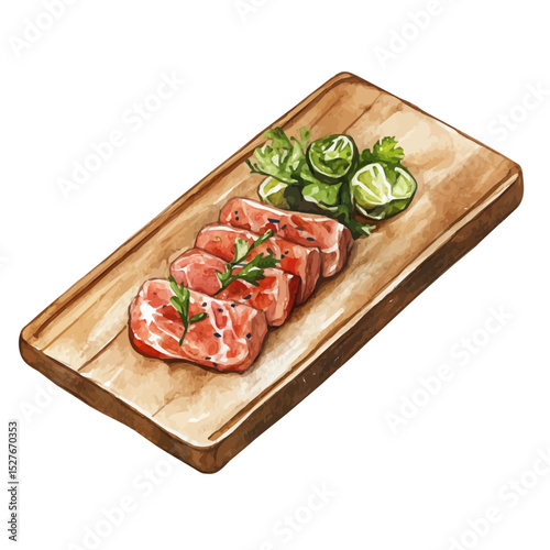 watercolor of Flat Rectangular Wood Platter, vector high quality, isolated on a white background.