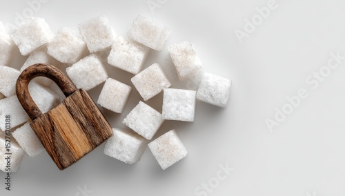 Wooden lock atop white sugar cubes
