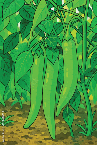 Adobe Illustrator Artwork Vibrant Green Chilies in a Lush Garden"Vibrant Green Chilies in a Lush Garden Illustration