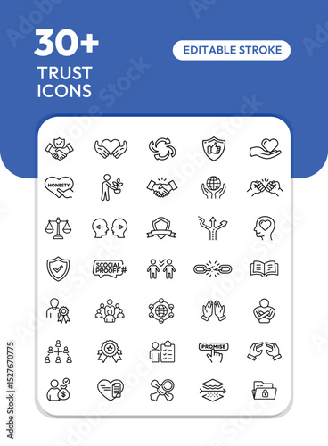 Collection of trust icons in outline style, featuring symbols of security, support, connection, and reliability.
