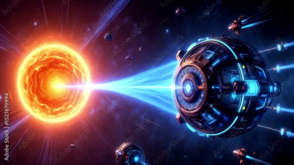 A radiant orange star pulses energy toward a vast metallic collector, as drones orbit amid glowing blue beams in a deep-space backdrop of stars and nebulae.