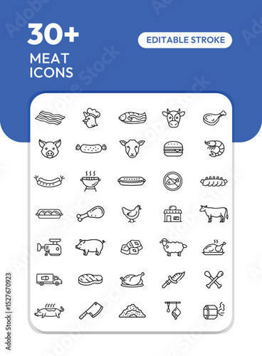 Collection of thirty-plus editable line icons depicting various types of meat, cuts, and related food items.