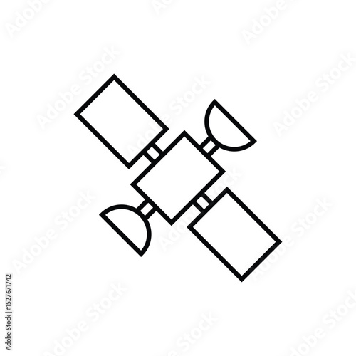 Black and White Outline Illustration of a Satellite with Solar Panels and Reflectors