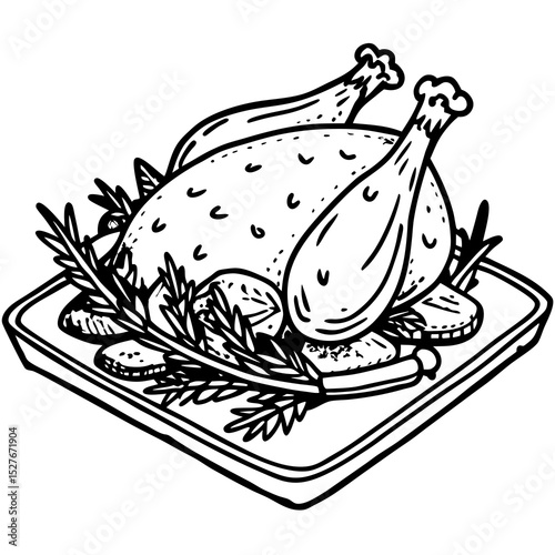 Roasted chicken with herbs on a tray