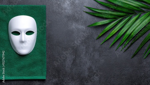 White mask on dark surface with green leaves