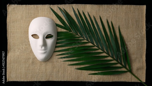 White mask, palm frond on beige cloth