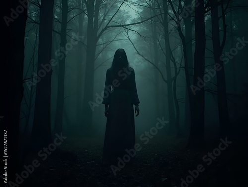 Horror scene of a scary woman in the dark forest
