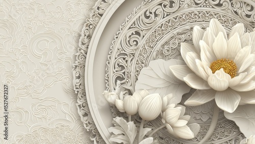 Ornate, cream-colored, 3D floral design with circular frame