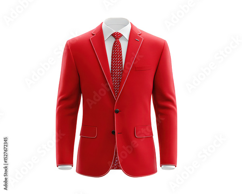 Stylish red suit with matching tie, perfect for formal occasions or events. vibrant color and tailored fit make it standout choice for anyone looking to make bold statement
