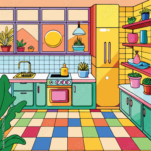 Colorful Cartoon Kitchen Interior Illustration with Furniture and Utensils

