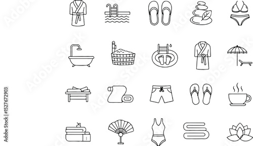 pa And Wellness Outline Icons - Relaxation, Pool And Bath Essentials Vector Set.