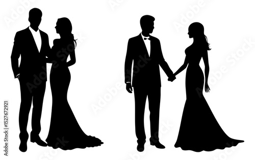 Beautiful wedding couples full black silhouette vector illustration design
