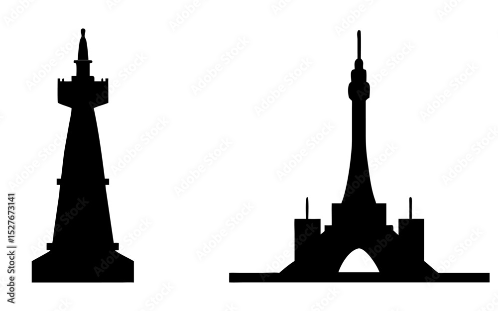 Obraz premium Large tower set full black silhouette vector illustration design