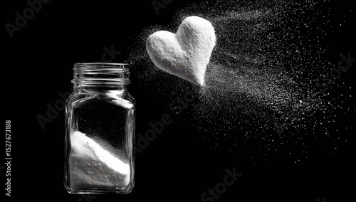 White heart erupts from a clear glass jar, against a black backdrop