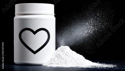 White powder in a white jar with a heart symbol