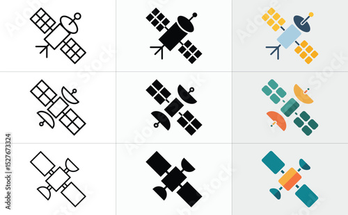 Satellite Icon Set Line Art, Silhouette, and Colorful Variations of Artificial Satellites in Grid View