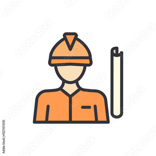 Stylized Construction Worker Icon Holding Architectural Plans On Transparent