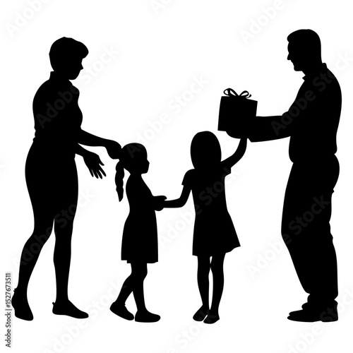 Parents give gift-box full black silhouette vector illustration design