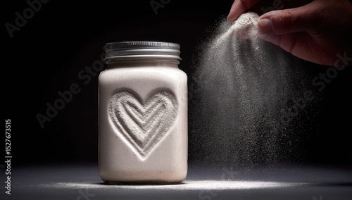 Light-beige jar with heart design, flour scattering