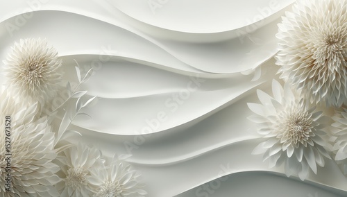 Elegant white paper flowers on wavy background