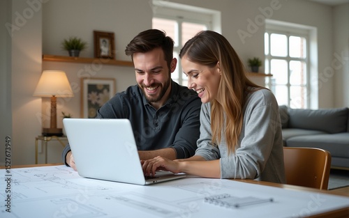 Diverse couple using laptop and looking into the blueprints of their new home. High quality