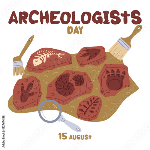 Archaeologist Day on August 15 objects for excavation. Flat color illustration. Fossils, dinosaur prints, shells, bones. for postcards, posters, articles, blogs, educational materials. Square