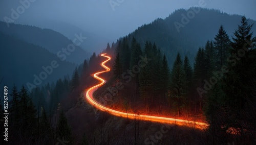 Winding mountain road at twilight, lit by car headlights