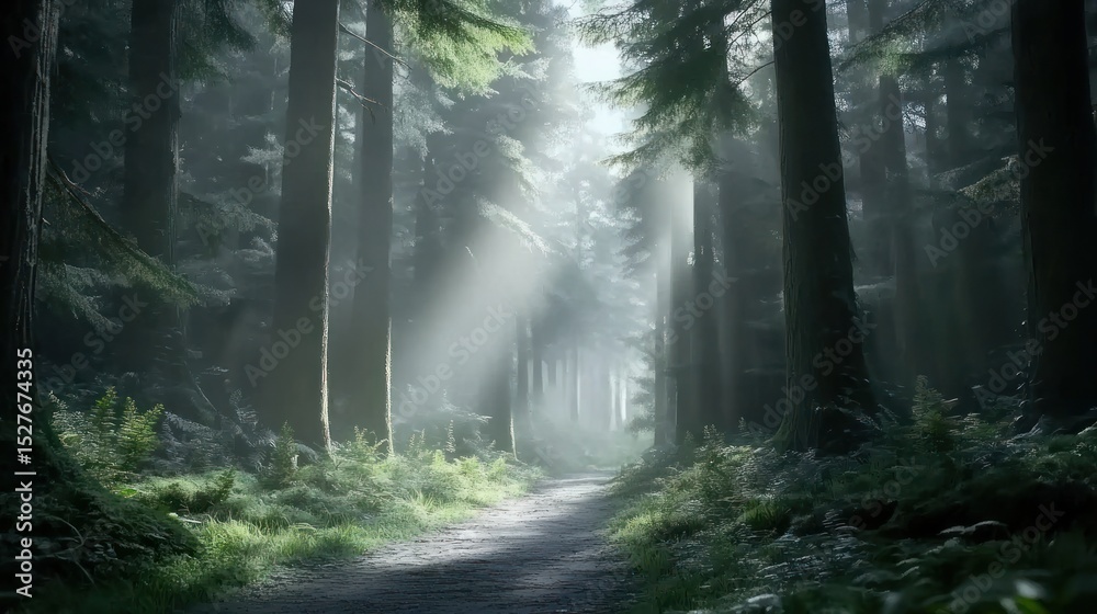Obraz premium Sunbeams through misty forest path