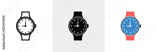 Three Watch Icons Classic Black and White, Modern Blue Face with Red Band