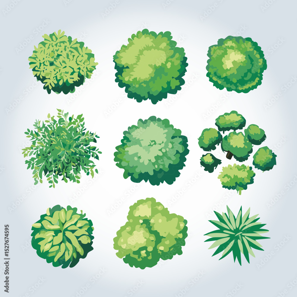 Ensemble de 9 Icônes d'Arbres et d'Arbustes pour Plans de Jardins et Architecture Vus de dessus, Nature et Végétation Couleur Vert Vecteur