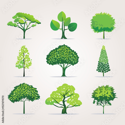 Ensemble de 9 Illustrations Silhouettes d'Arbres pour Paysagiste, Couleur Vert, Dessin Vecteur