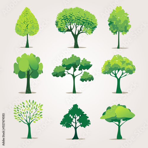 Ensemble de 6 Illustrations Silhouettes d'Arbres pour Paysagiste, Couleur Vert, Dessin Vecteur